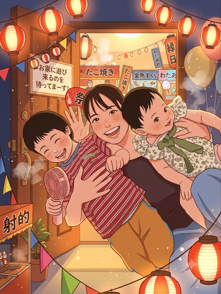 縁日の飾り付けをした玄関で手を振って迎える家族のイラスト